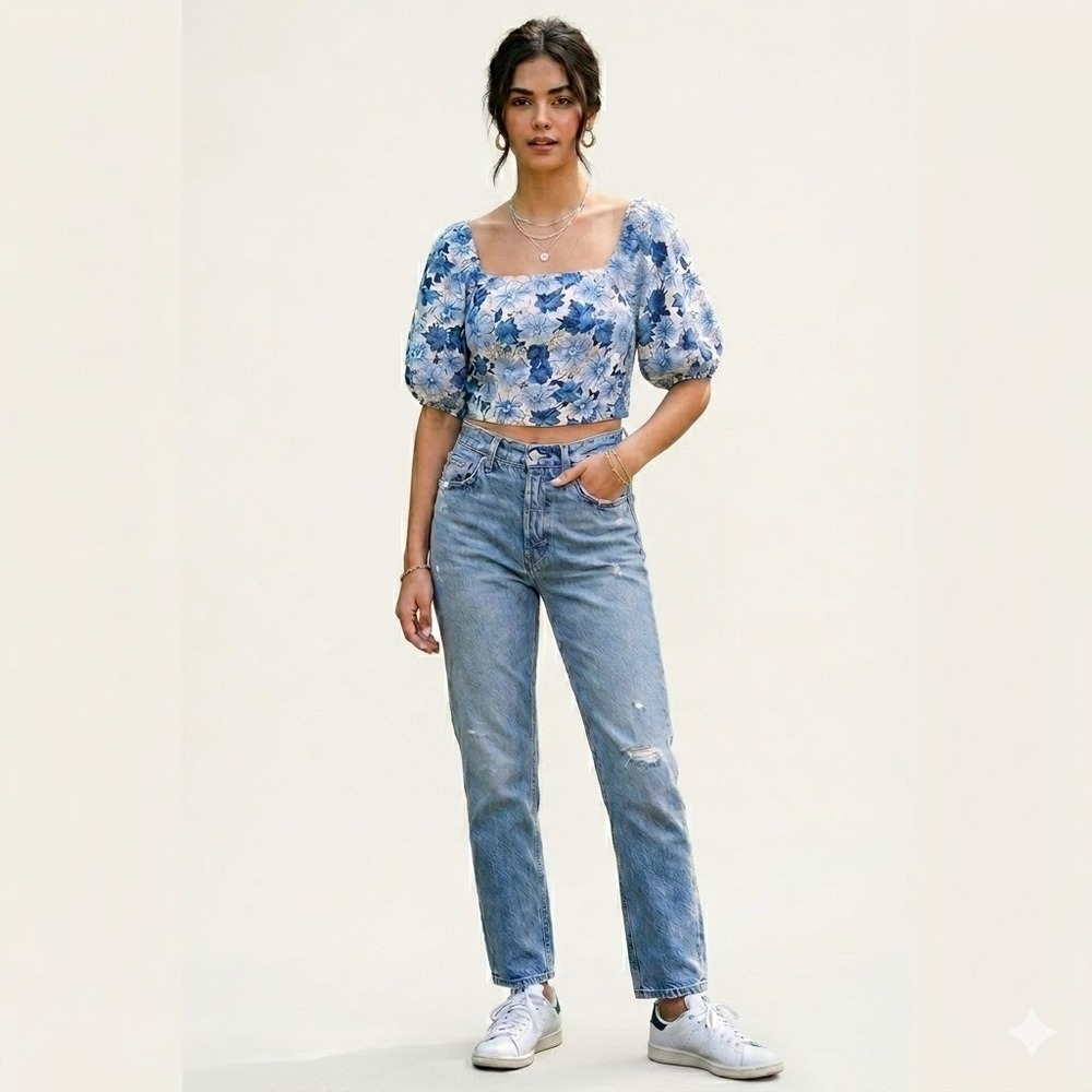 Lucky Brand Crop Top Womens Small Blue Floral Linen Blend Puff Sleeve Smocked